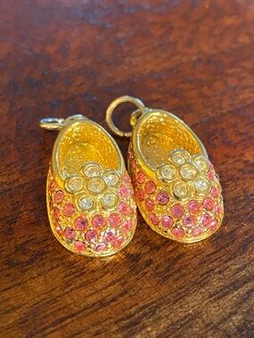 Pair Firenza Pink & Clear Rhinestone Baby Shoe Charm Pendants Gold-Tone Setting